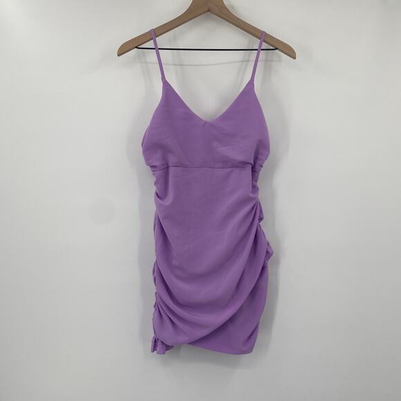 Hello Molly Mini Dress V Neck Ruffle Trim Bodycon Fitted Lilac Purple Womens 6 - Picture 3 of 11